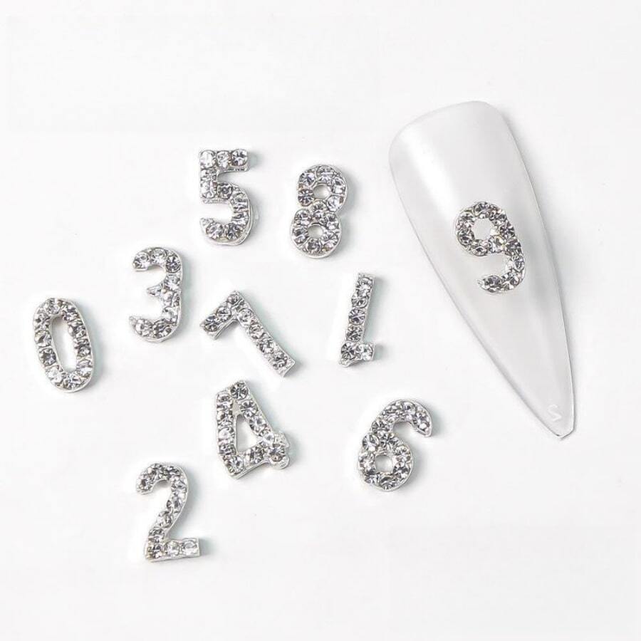 10 piezas Decoraciones plateadas para uñas con números (0-9) para uñas DIY, dijes de uñas, joyas de uñas, suministros de uñas decoración uñas - Plateado - Ver 1