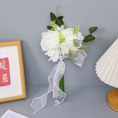1件新娘伴娘手捧花，包含牡丹、刺绣球、菊花和水果仿真花，婚礼派对装饰礼物，情人节配饰