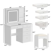 Large Vanity Set Makeup Vanity Dressing Table With Sliding Lighted Mirror, 5 Drawers & Shelves, Dresser Desk And Cushioned Stool Set