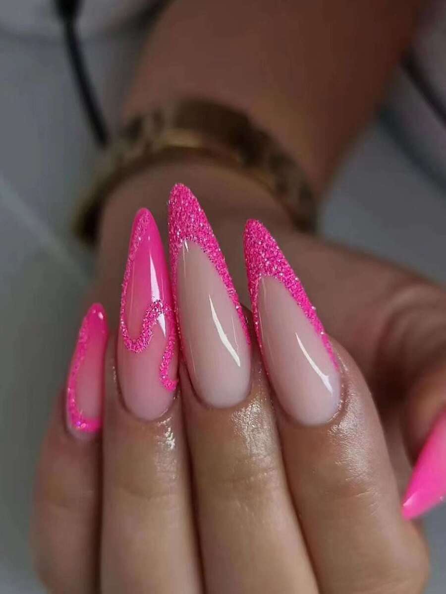 24 peças Unhas postiças femininas rosas com glitter em formato pontiagudo longo, com adesivo e lima de unha - Suprimentos para unhas - Multicolorido - Visão 1