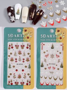 2 Piezas Pegatinas De Uñas Navideñas Doradas Con Brillo, Diseño De Decoración Navideña Holográfico Dorado Con Árboles De Navidad, Campanas, Copos De Nieve, Lazos Rojos 5d Calcomanías Acrílicas Para Manicura, Decoración De Invierno Para Mujer Y Niña - Multicolor - Ver 2