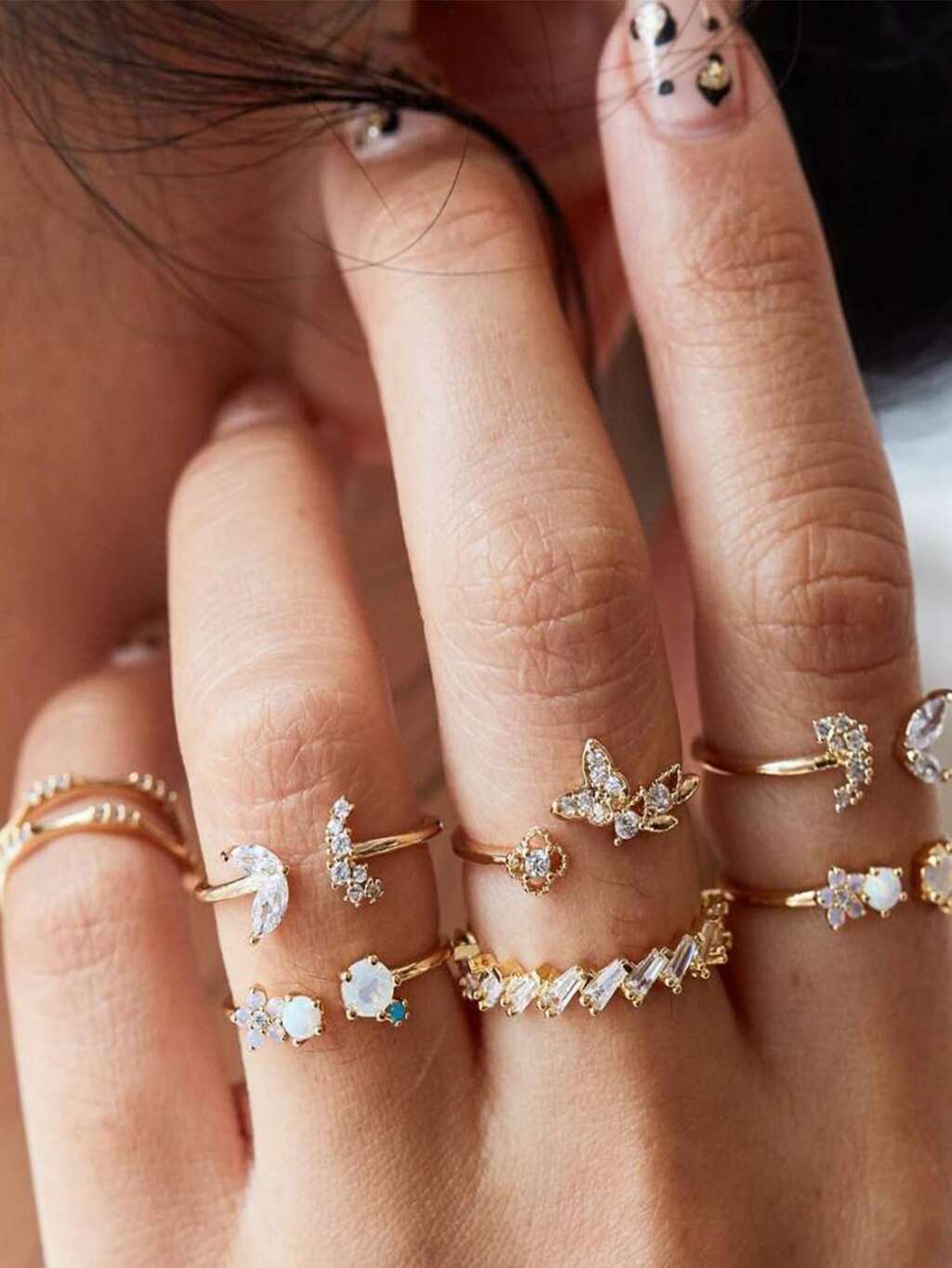 7pcs Butterfly & Flower Shaped Rings Set With Rhinestone Detail Elegant,Summer,Jewellery