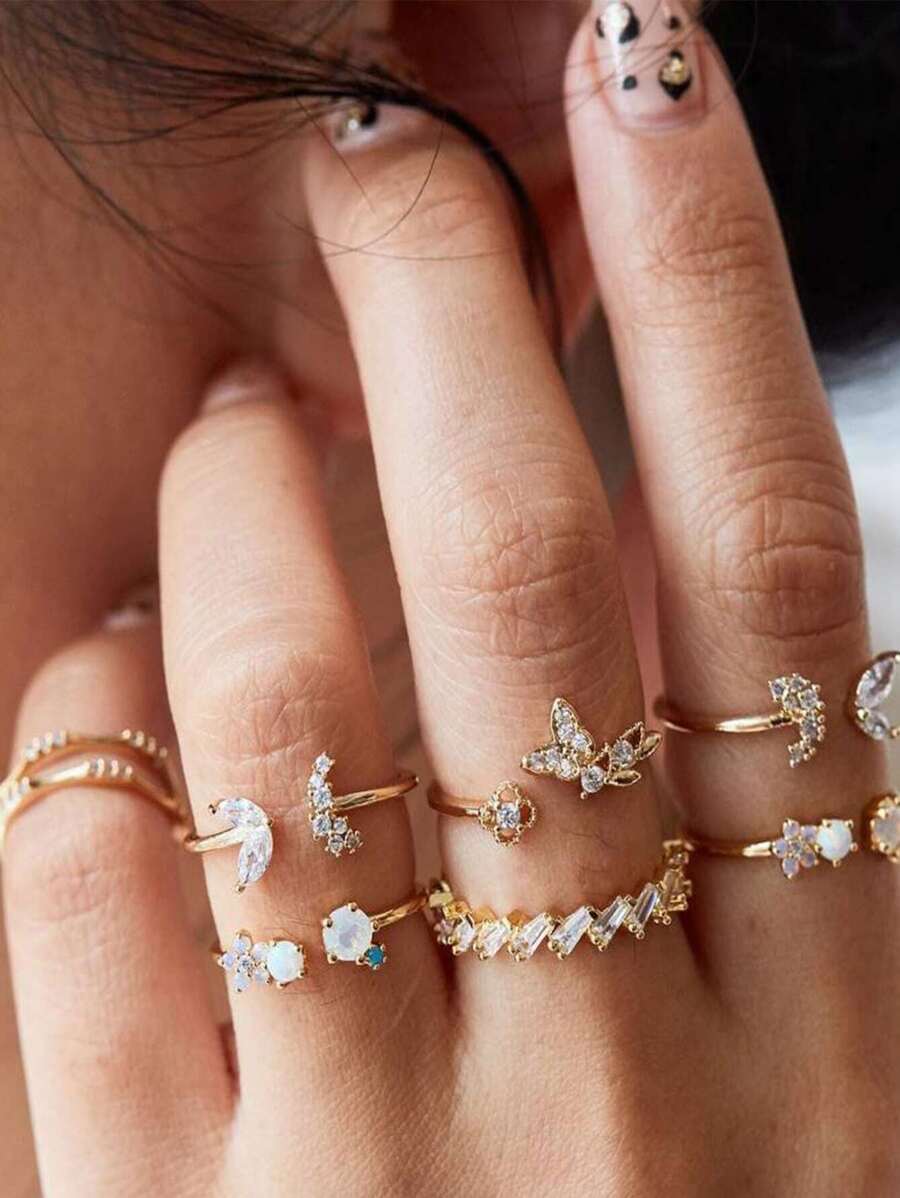 7pcs Loại bướm & Hình hoa Nhẫn Bộ Với Rhinestone Chi tiết Thanh lịch - Vàng - Xem 1