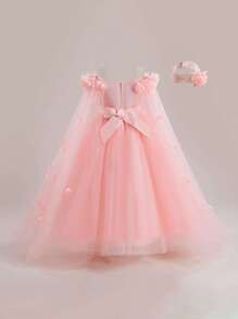 少女薄纱长款3D立体花朵公主裙，优雅奢华正式礼服，适合学校舞会、毕业舞会、晚宴（不含头饰）