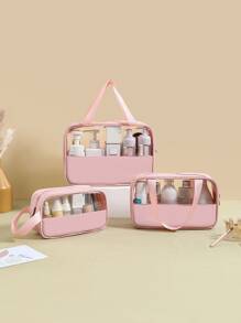 1pc Transparent Pu Patchwork Large Capacity Toiletry Bag For Business Trip, Portable Waterproof Cosmetic And Toiletry Storage Bag - Pink - View 1