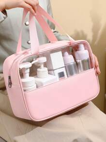 1pc Transparent Pu Patchwork Large Capacity Toiletry Bag For Business Trip, Portable Waterproof Cosmetic And Toiletry Storage Bag - Pink - View 7