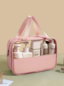 1pc Transparent Pu Patchwork Large Capacity Toiletry Bag For Business Trip, Portable Waterproof Cosmetic And Toiletry Storage Bag - Pink - View 2