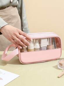 1pc Transparent Pu Patchwork Large Capacity Toiletry Bag For Business Trip, Portable Waterproof Cosmetic And Toiletry Storage Bag - Pink - View 8