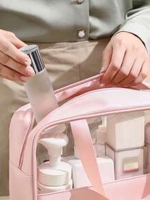 1pc Transparent Pu Patchwork Large Capacity Toiletry Bag For Business Trip, Portable Waterproof Cosmetic And Toiletry Storage Bag - Pink - View 5