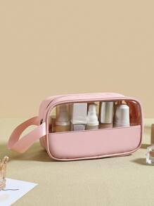 1pc Transparent Pu Patchwork Large Capacity Toiletry Bag For Business Trip, Portable Waterproof Cosmetic And Toiletry Storage Bag - Pink - View 3