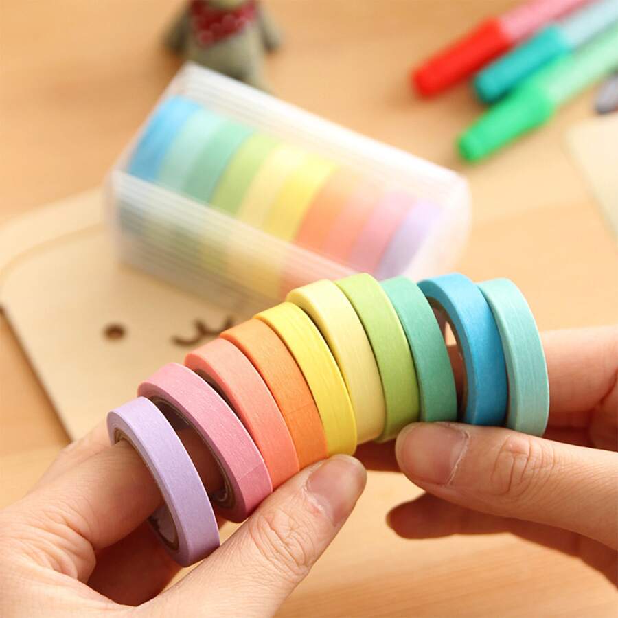 10rolls/pack Rainbow & Washi Tape Set With 10 Colors, Fresh Candy