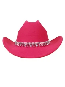 1 Pieza Sombrero Rosa De Vaquero De Fieltro De Lana Con Pedrería Para Hombre, Baile, Jazz, Playa Y Protección Solar - Rosa Fucsia - Ver 2