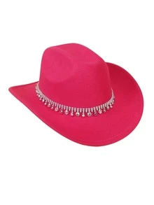 1 Pieza Sombrero Rosa De Vaquero De Fieltro De Lana Con Pedrería Para Hombre, Baile, Jazz, Playa Y Protección Solar - Rosa Fucsia - Ver 4