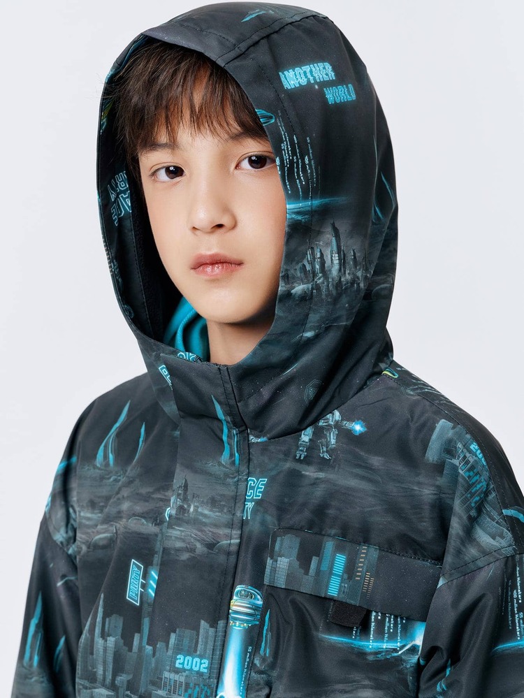 Balabala 1 件 Tween 男童图案印花高科技保暖内衬连帽夹克，防水防风冬季户外运动外套 - 藍色 - 查看 6