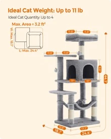 Feandrea Cat Tree, 44.1-Inch Cat Tower For Indoor Cats, Multi-Level Cat Condo With 4 Scratching Posts, 2 Perches, Hammock, Cave - 淺灰色 - 查看 5