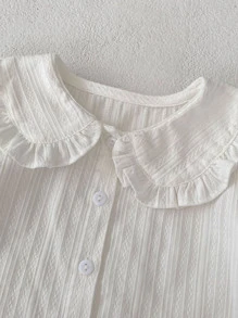 Baby Girls' Clothes Set With Peter Pan Collar Jacquard Blouse & Floral Double-Layered Pants, Spring/Autumn