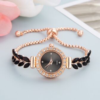 Nuevo reloj pulsera de moda casual para mujer, esfera redonda pequeña y linda con cristales, correa con hoja y pluma, reloj de cuarzo de aleación, regalo para mujer
