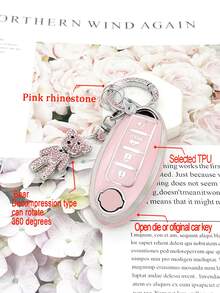 時尚女性鑰匙圈帶旋轉粉色的櫻花熊和水鑽+粉色的防摔鑰匙表袋（用鏈條或絲帶連接到馬甲懷錶）套適用於Nissan,獨有 - 粉色 - 查看 6