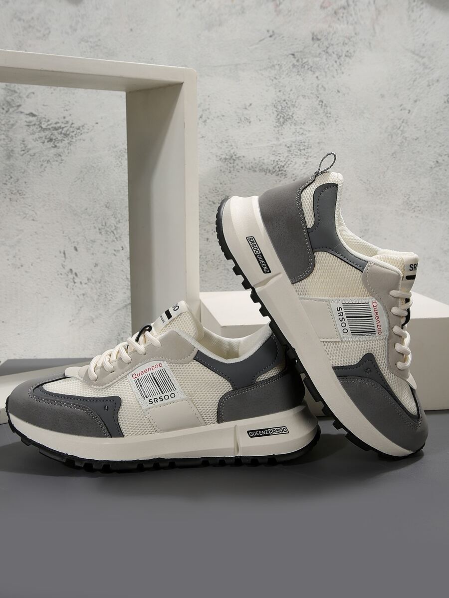 女性拼接繫帶運動鞋帶運動風格跑步,秋天 - 灰色 - 查看 1