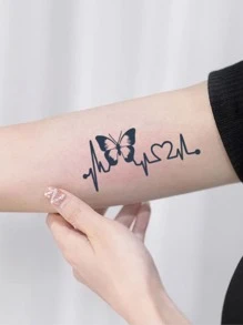 1片防水防汗草本情人节临时纹身贴纸，蝴蝶、爱心、心电图图案，持久7-14天 - 黑色 - 查看 5