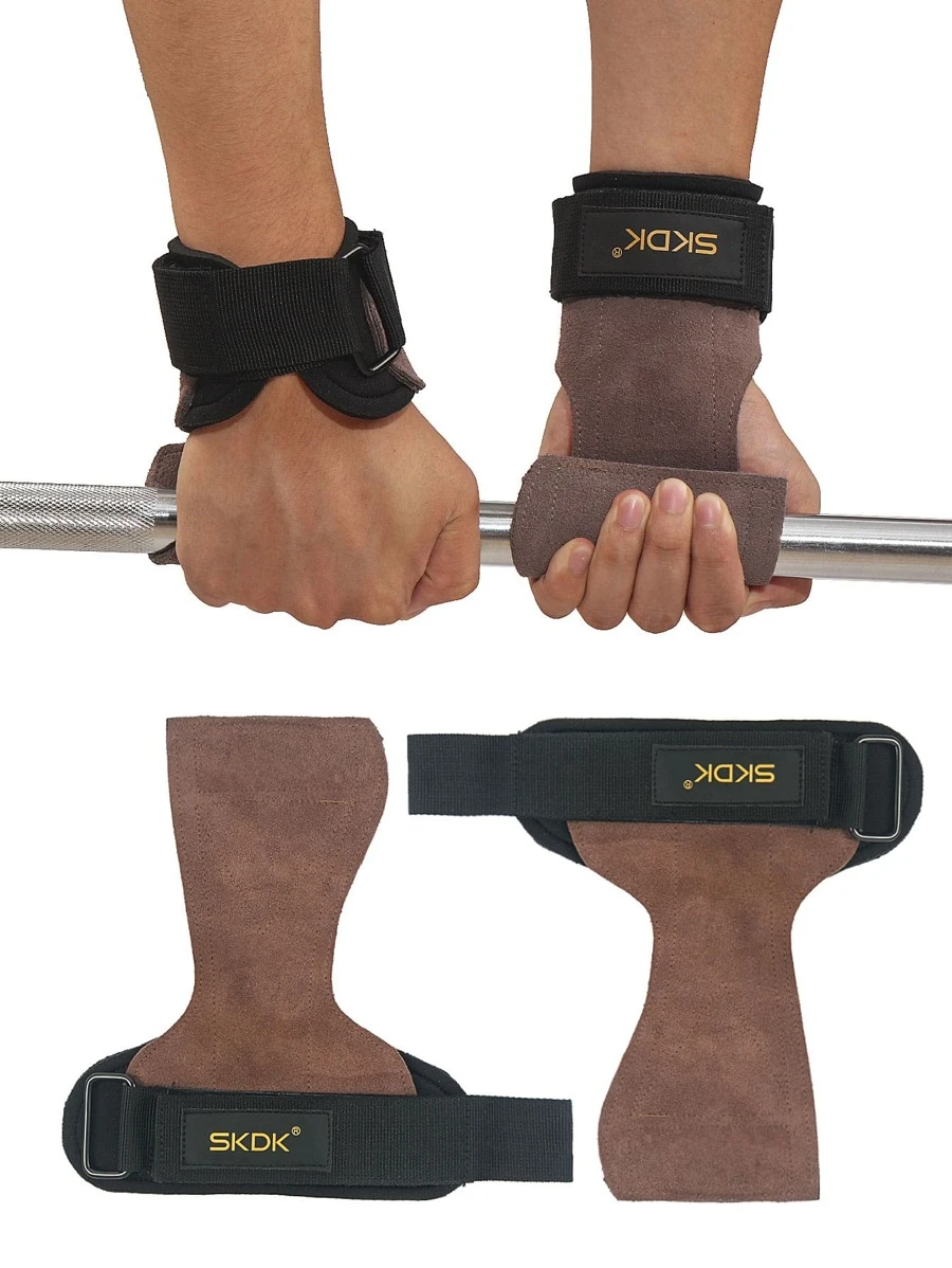 SKDK 帶襯墊舉重帶硬舉帶，帶手腕支撐，用於舉重和鍛煉健身房腕帶，男女舉重握力手帶一對，由牛皮製成 - 棕色 - 查看 1