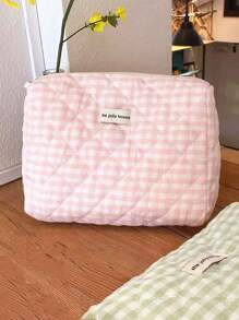 1 Pc Solid Color Plaid Makeup Bag Travel Women Large Soft Cosmetic Organizer Pouch Large Capacity Simple Makeup Bags Green Pencil Case Daily Makeup Brushes Storage Bag Travel Toiletry Bag Organizer Valentine's Day Gift,Gifts For Women,Christmas Gifts,Gift Ideas For Women,Pouch,Makeup Pouch,Travel Essential - Pink - View 2