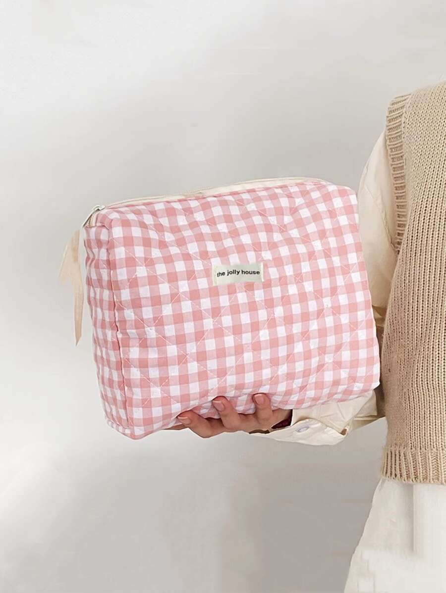 1 Pc Solid Color Plaid Makeup Bag Travel Women Large Soft Cosmetic Organizer Pouch Large Capacity Simple Makeup Bags Green Pencil Case Daily Makeup Brushes Storage Bag Travel Toiletry Bag Organizer Valentine's Day Gift,Gifts For Women,Christmas Gifts,Gift Ideas For Women,Pouch,Makeup Pouch,Travel Essential - Pink - View 1