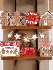 12 件，圣诞节分层托盘装饰，冬季餐桌木制标牌装饰，圣诞节桌面托盘装饰，姜人雪人圣诞老人装饰，圣诞派对家庭厨房节日装饰用品（不含托盘） - 棕色 - 查看 6