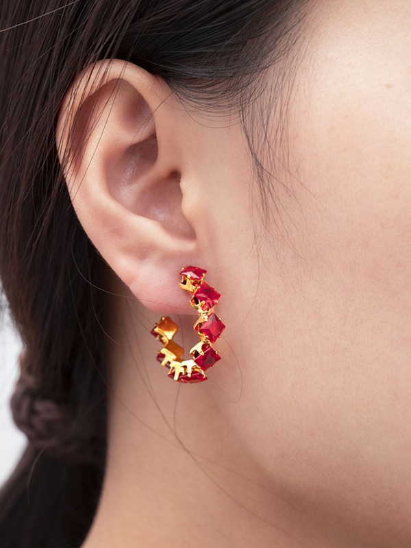 1pair Simple And Fashionable New Earrings With Red Rhinestones For Women, Stainless Steel Material