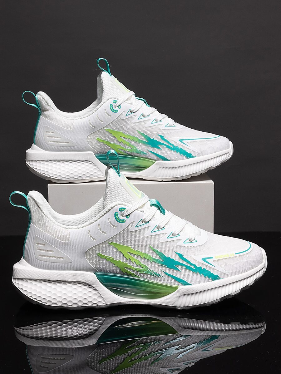 Men Lightweight Color Block Lace Up Running Shoes, Sporty Lycra Sneakers For Outdoor - White - View 1