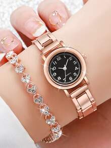Women's Fashionable Steel Band Simple Quartz Wrist Watch With Small Dial & Bracelet, 2pcs/set - Rose Gold - View 2
