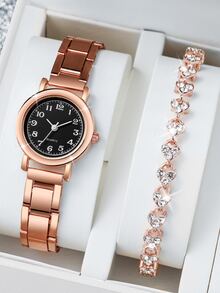 Women's Fashionable Steel Band Simple Quartz Wrist Watch With Small Dial & Bracelet, 2pcs/set - Rose Gold - View 3