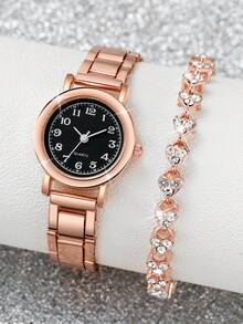 Women's Fashionable Steel Band Simple Quartz Wrist Watch With Small Dial & Bracelet, 2pcs/set - Rose Gold - View 1