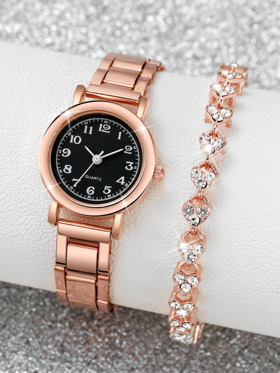 Women's Fashionable Steel Band Simple Quartz Wrist Watch With Small Dial & Bracelet, 2pcs/set - Rose Gold - View 1