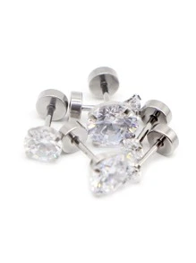 2件/組 不鏽鋼中性 2-10mm 圓形水晶鋯石耳釘，4爪耳骨穿刺飾品，時尚禮物 - Stud Earrings - 查看 5