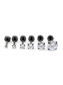 2件/組 不鏽鋼中性 2-10mm 圓形水晶鋯石耳釘，4爪耳骨穿刺飾品，時尚禮物 - Stud Earrings - 查看 3