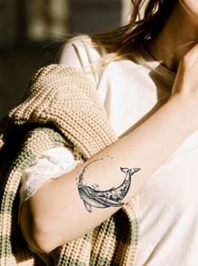 1 Tấm Họa Tiết Cá Voi Miếng Dán Hình Xăm Cánh Tay Miếng Dán Hình Xăm Hình Xăm Giả Nghệ Thuật Thân Thể Cho Bé Gái Và Bé Trai - màu đen - Xem 1