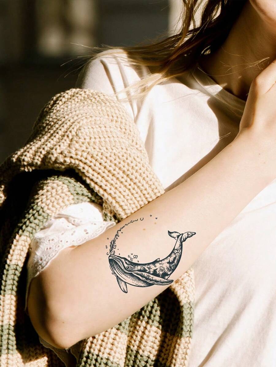 1 Tấm Họa Tiết Cá Voi Miếng Dán Hình Xăm Cánh Tay Miếng Dán Hình Xăm Hình Xăm Giả Nghệ Thuật Thân Thể Cho Bé Gái Và Bé Trai - màu đen - Xem 1