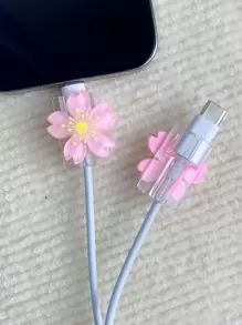2pcs 3d Flower Design Cable Protector For 20w Apple Charger Charger Protector - Pink - View 5