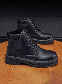 秋冬新潮男士靴鞋，通透透氣，大黃色短靴扁平底高筒英式工作靴，室外防護鞋，黑色靴子，PU皮面 - 黑色 - 查看 1