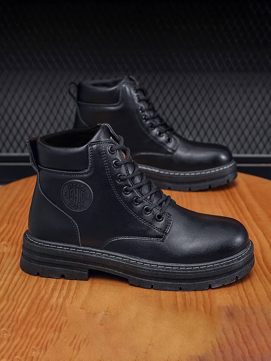 秋冬新潮男士靴鞋，通透透氣，大黃色短靴扁平底高筒英式工作靴，室外防護鞋，黑色靴子，PU皮面 - 黑色 - 查看 1