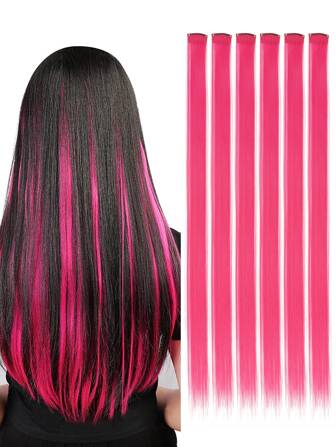 Synthetic Hair Extensions Clip Hair  Red Green Grey Blue Yellow Orange Colourful Women Clip Hair Woven Hair Clip Extensions For Daily Party Cosplay Use And New Year Gift Pack Of 6