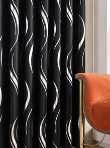 1pc Silver-color Heat Insulated Blackout Wavy Pattern Curtains For Banquet Hall, Living Room, Bedroom - Black - View 5