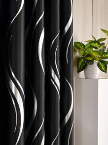 1pc Silver-color Heat Insulated Blackout Wavy Pattern Curtains For Banquet Hall, Living Room, Bedroom - Black - View 2