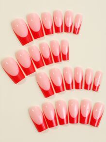 24pcs/Set Long Square Shaped False Nails With French Edge In Simple Red Style, Including 1pc Nail File & 1pc Jelly Glue Press On Nails Nail Supplies - Multicolor - View 2