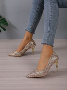 女士優雅香檳色尖頭高跟鞋，優雅的外觀 - 金色 - 查看 6