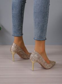 女士優雅香檳色尖頭高跟鞋，優雅的外觀 - 金色 - 查看 2