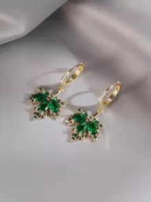 1pair Copper Cubic Zirconia Inlaid Maple Leaf Dangle Earrings - Green - View 5