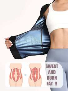 女士排汗运动上衣，长袖压缩衬衫，适合减肥、桑拿服、瘦身、跑步、瑜伽、健身、性感外套（PU 涂层），长度较短，请查看尺码表 - 藍色 - 查看 3