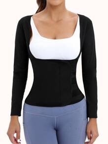 女士排汗运动上衣，长袖压缩衬衫，适合减肥、桑拿服、瘦身、跑步、瑜伽、健身、性感外套（PU 涂层），长度较短，请查看尺码表 - 藍色 - 查看 8